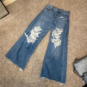 Aerie Ripped Wide Leg Blue Jeans